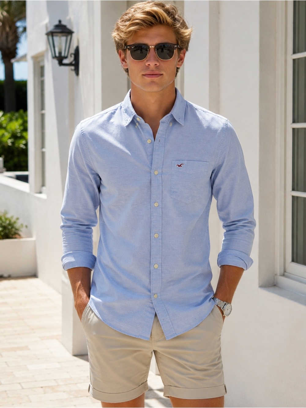 Hollister Stretch Oxford Light Blue Long Sleeve Button Down Shirt Size M